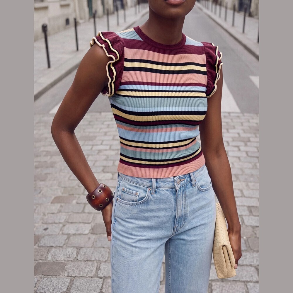 Multicolor Striped Ribbed Knit Ruffle Sleeve Top - Picture 2 of 9